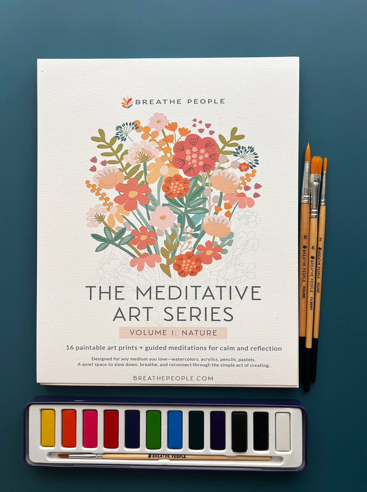 Meditative Art Workbook Gift Set with Watercolors &amp; Brushes