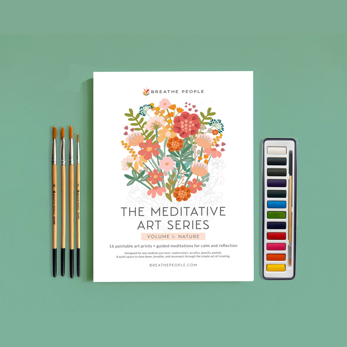 Meditative Art Workbook Gift Set with Watercolors &amp; Brushes