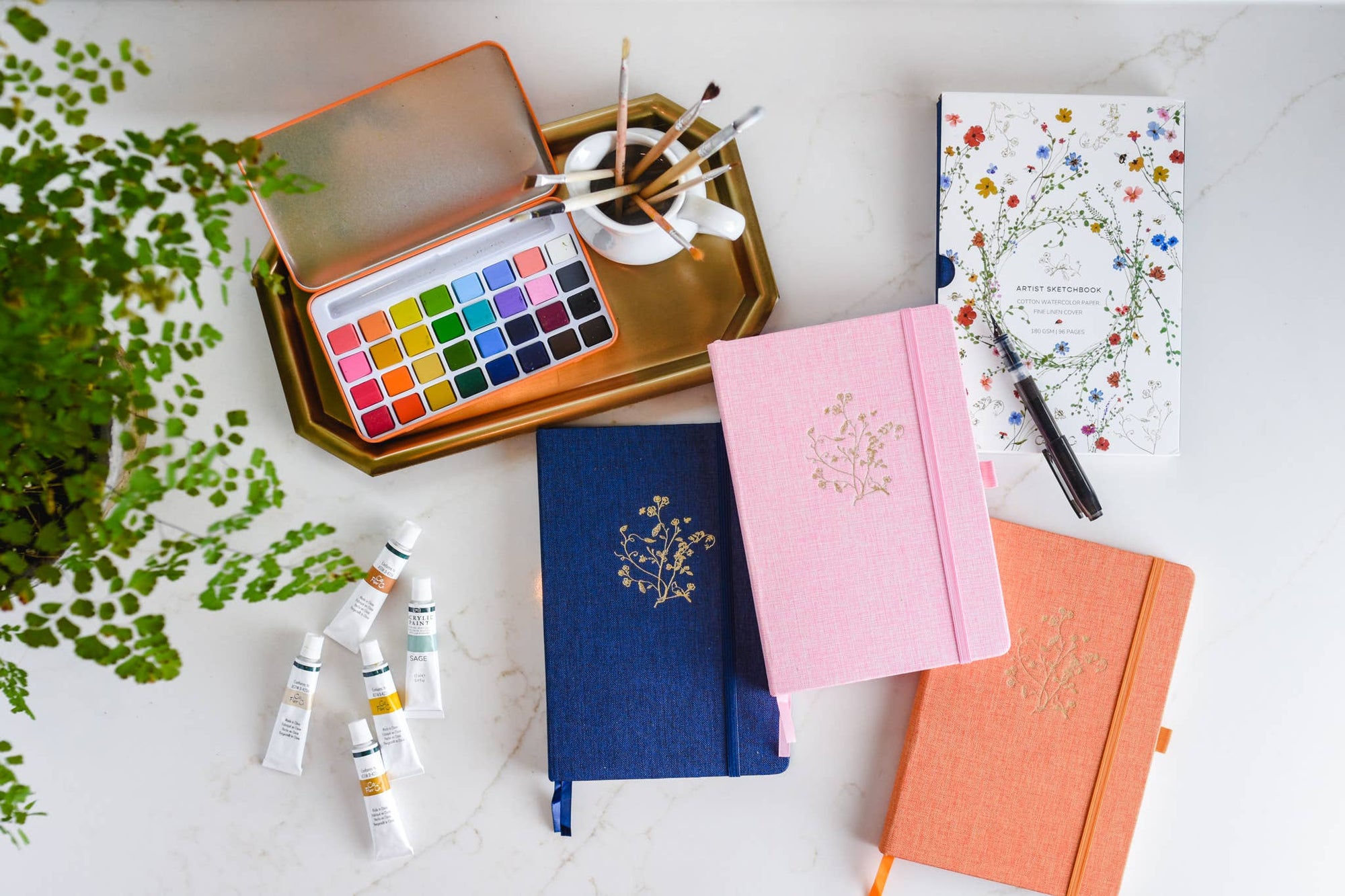 Gold Floral Embossed Linen Cover Sketchbook